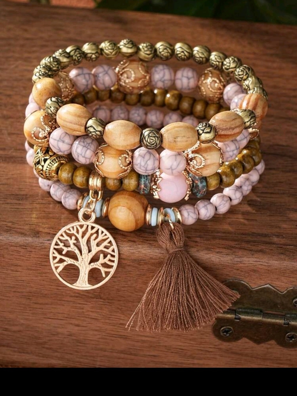 A014 Boho Pink and Brown Beaded Charm Bracelet Stack